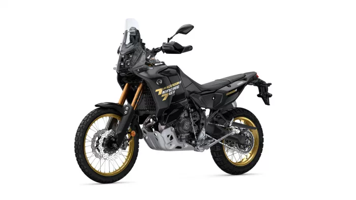 Yamaha Tenere 700 World Raid adventure motorcycle shown in a side profile with black body and gold wheels.
