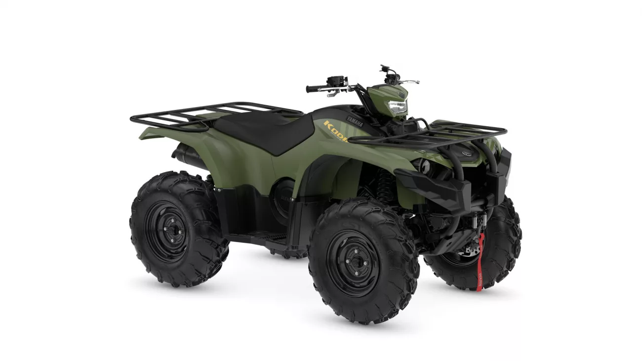 Green all-terrain vehicle (ATV) with large off-road tires and front/rear cargo racks, shown in a three-quarter view.