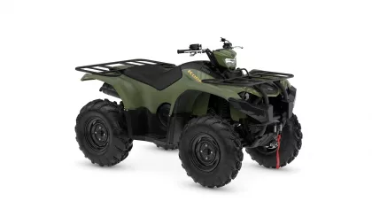 Green all-terrain vehicle (ATV) with large off-road tires and front/rear cargo racks, shown in a three-quarter view.