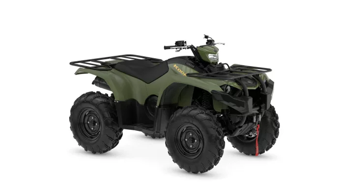Green all-terrain vehicle (ATV) with large off-road tires and front/rear cargo racks, shown in a three-quarter view.
