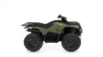 Olive-green Yamaha Kodiak ATV with black seat, cargo racks, and large rugged tires viewed from the side.