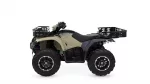 Beige all-terrain vehicle (ATV) with front and rear cargo racks and oversized knobby tires.