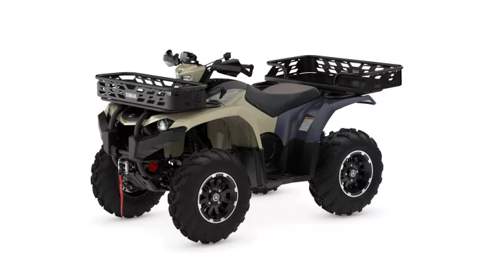 Yamaha ATV with front and rear cargo racks on a beige body, displayed against a white background