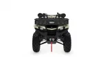 Front view of a beige Yamaha ATV with a black grille and large tires, showing a red tow strap under the bumper.