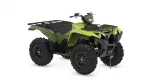 Green all-terrain vehicle (ATV) with large knobby tires and front cargo rack, shown on a white background.