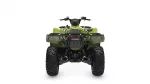 Rear view of a green all-terrain vehicle with large off-road tires on a white background.