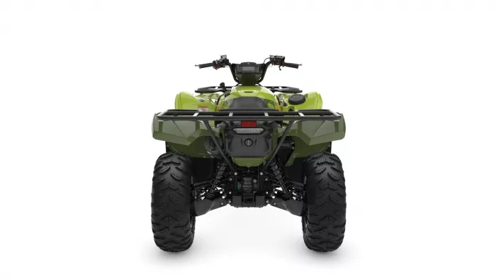 Rear view of a green all-terrain vehicle with large off-road tires on a white background.