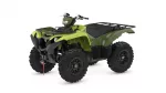 Green all-terrain vehicle (ATV) seen from a front-left angle with large knobby tires and front/rear racks