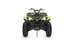 Front-on view of a lime-green ATV with large off-road tires and protective bumper.