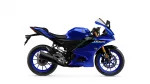 Blue Yamaha R125 sport motorcycle seen from the left side, showing its fairing, fuel tank, and front wheel with disc brake (side profile).