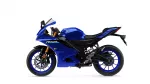 Blue Yamaha R125 sport motorcycle shown from the side, highlighting its fairing, fuel tank, and blue wheels on a white background, isolated image