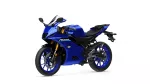 Blue sport motorcycle shown in a three-quarter front view with gold inverted forks and a clear windshield.
