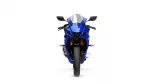 Front view of a blue Yamaha sport motorcycle with windshield and side mirrors facing the camera.