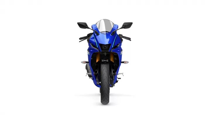 Front view of a blue Yamaha sport motorcycle with windshield and side mirrors facing the camera.