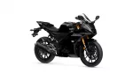 Black Yamaha R125 sport motorcycle viewed from a front-right angle, glossy black body with gold front forks.