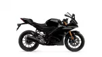 Side view of a black Yamaha R125 sport motorcycle with gold front forks and low-profile fairings