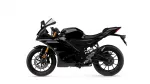 Black Yamaha R125 sport motorcycle shown in side profile with gold front forks and exposed disc brakes at the front wheel.