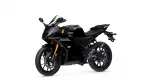 Black sport motorcycle shown from a front-left-side angle, with gold inverted forks and aggressive styling.