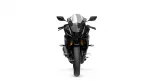 Front view of a black Yamaha sport motorcycle against a white background, showing the windshield, mirrors, and front tire.