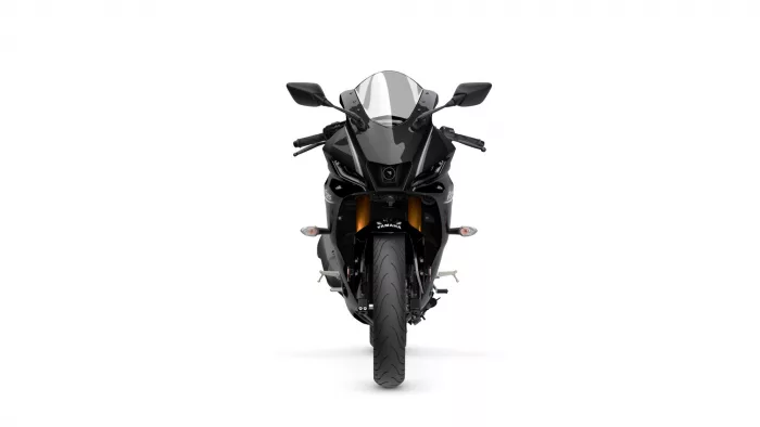 Front view of a black Yamaha sport motorcycle against a white background, showing the windshield, mirrors, and front tire.