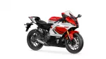 Red and white Yamaha sport motorcycle shown from the side, front fairing and wheel visible against a white background, product image