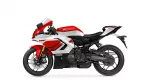 Red-and-white Yamaha sport motorcycle shown in profile from the left, with a visible front disc brake and wheel edge on white background.