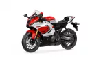 Red, white, and black Yamaha sport motorcycle viewed from the front-left, showing aerodynamic fairing and disc brakes of a high-performance bike.