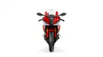 Front view of a red and white Yamaha R1 sport motorcycle facing the camera, with windshield and handlebars visible from the rider’s perspective
