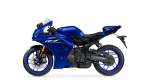 Blue Yamaha R1 sport motorcycle shown in side profile with front disc brakes and windscreen edge.