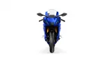 Front view of a blue Yamaha sport motorcycle with a windscreen and black accents, facing the camera on a white background.