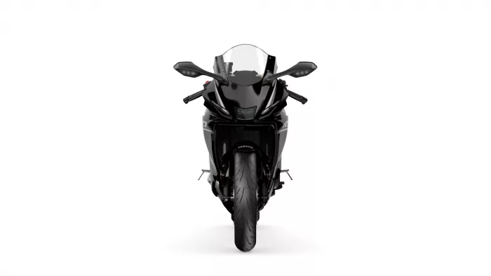 Front-on view of a black Yamaha sport motorcycle with windshield and side mirrors against a white background