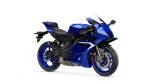 Blue Yamaha sport motorcycle shown from a side angle against a white background.