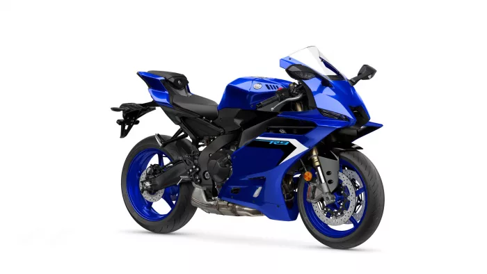Blue Yamaha sport motorcycle shown from a side angle against a white background.