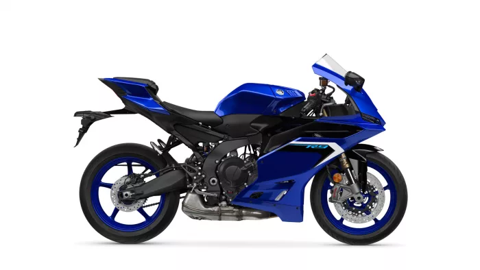 Blue Yamaha sport motorcycle shown in a right-side profile with aero fairings and exposed engine components.