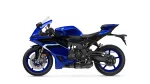 Blue sport motorcycle shown from left side, with full fairings and prominent windscreen, labeled R3 on the bodywork.