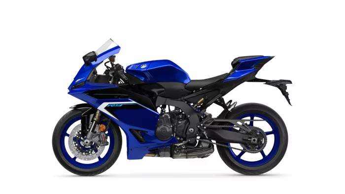 Blue sport motorcycle shown from left side, with full fairings and prominent windscreen, labeled R3 on the bodywork.