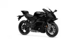 Black Yamaha sport motorcycle in a three-quarter view with a clear windscreen and aggressive aerodynamic fairings.