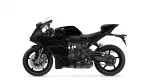 Black Yamaha sport motorcycle photographed from the left side, highlighting its aerodynamic fairings and exposed rear wheel.