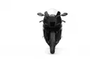 Front-on view of a black Yamaha sport motorcycle with angular fairings and a clear windshield