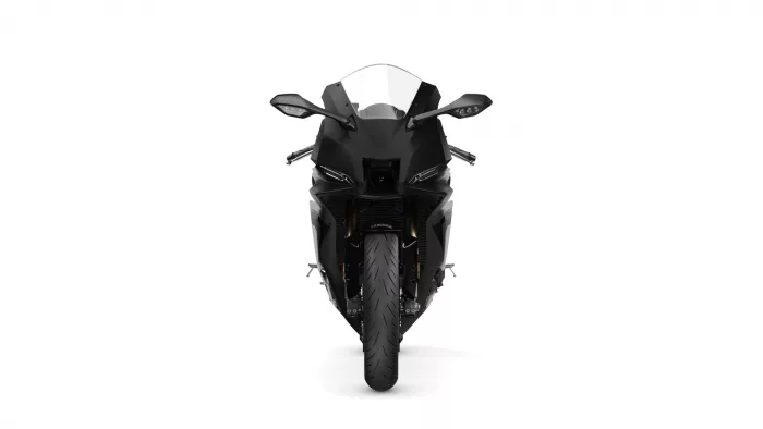 Front-on view of a black Yamaha sport motorcycle with angular fairings and a clear windshield