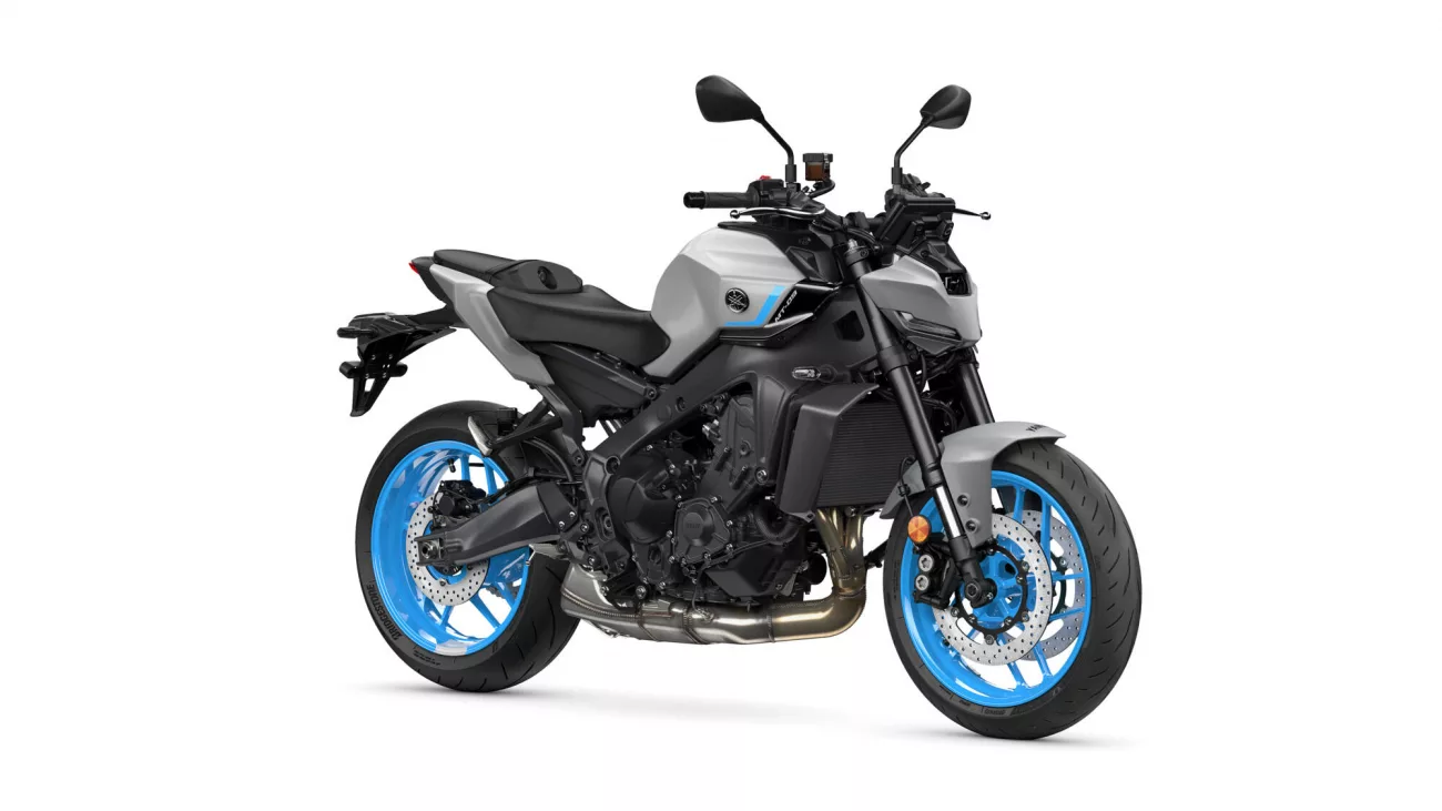 Yamaha sport motorcycle with gray body and bright blue rims, shown from a left-front angle.