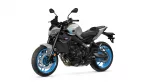 Grey sport motorcycle with blue rims shown from a front-left three-quarter view on a white background