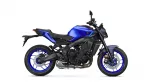 Blue sport motorcycle photographed from the left, showing the blue fuel tank, black frame, and blue rims on a white background.