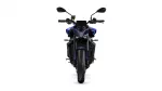 Front-on view of a blue and black sport motorcycle, handlebars and front tire centered.
