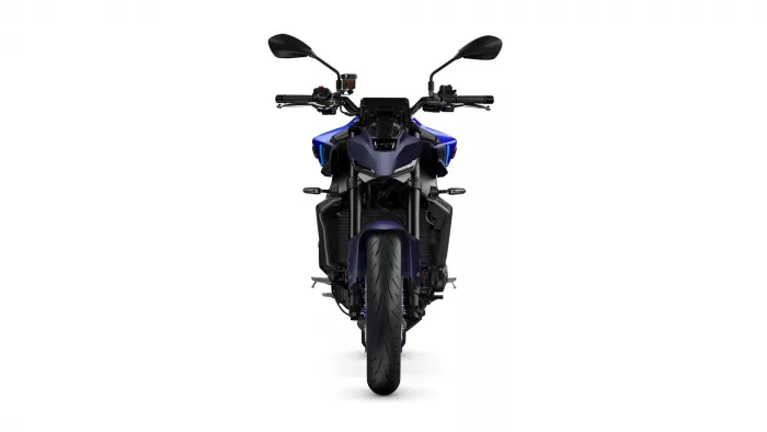 Front-on view of a blue and black sport motorcycle, handlebars and front tire centered.