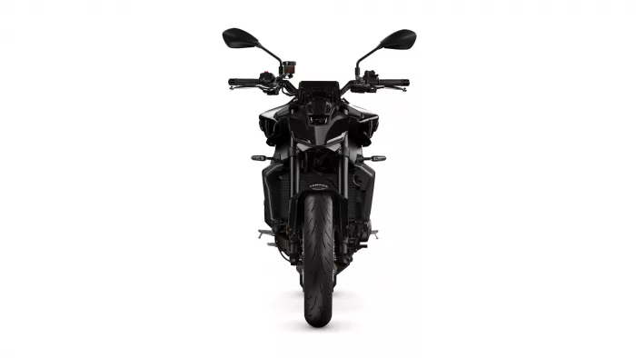 Front view of a black Yamaha sport motorcycle