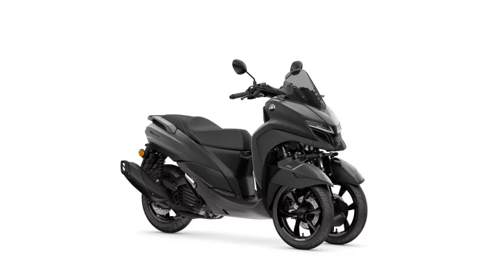 Front-right view of a dark gray Yamaha scooter with a tall windscreen and mirrors