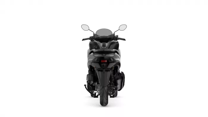 Rear view of a black motorcycle, showing the tail section, rear wheel, and two mirrors against a white background.