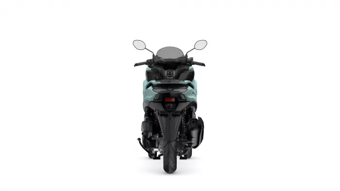 Rear view of a teal scooter with visible seat, mirrors, and rear wheel against a white background