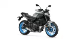 Yamaha MT-07 motorcycle with silver body and bright blue wheels, shown from a front-right side view.